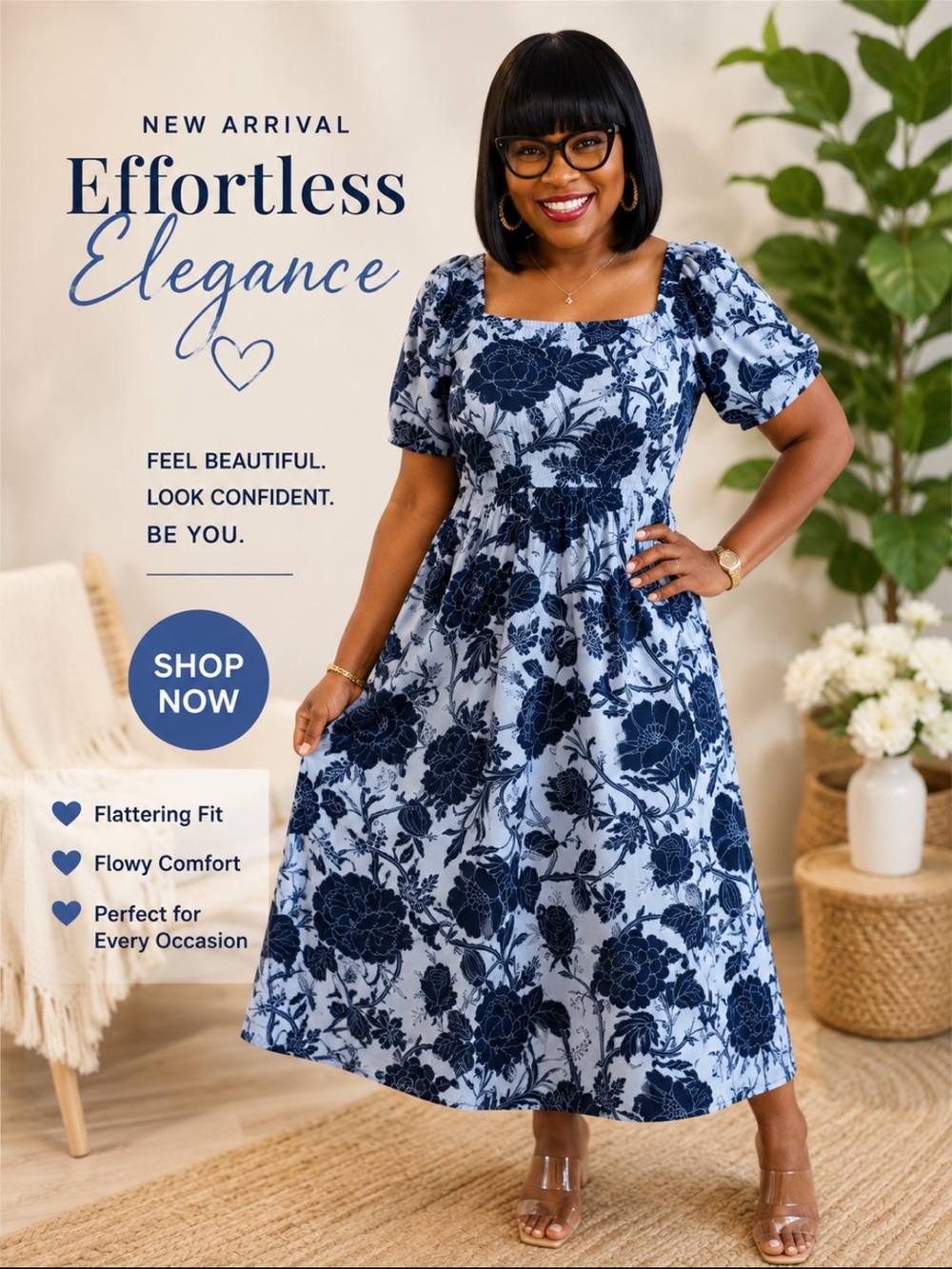 Time and Tru Light Blue Midi Dress with Navy Floral Print